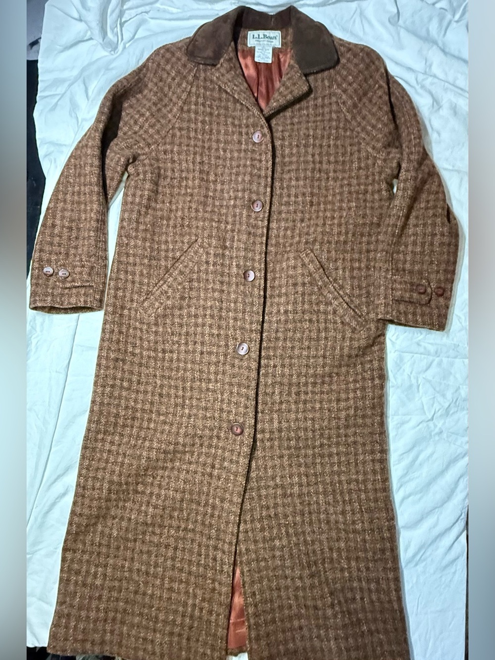 Vintage LL Bean Women Long Trench Coat Small P Brown Wool Tweed Houndstooth USA